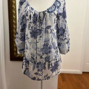 Blue and White Ruffled Tie Front Blouse